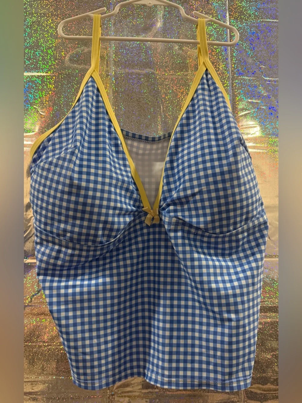 SHEIN 4XL Blue Gingham 2 Piece Bikini Set Yellow Trim Plus Size Swimwear